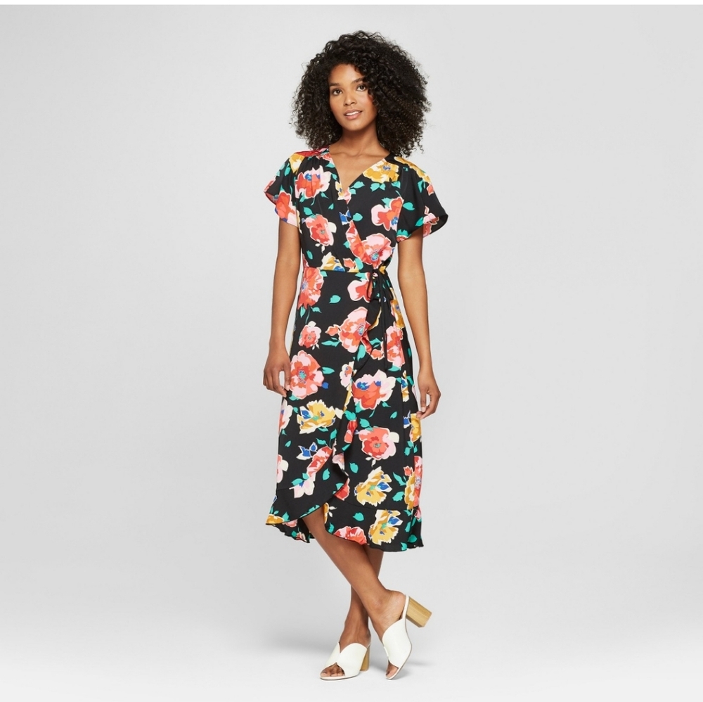 Who What Wear Floral Midi Wrap Dress Size XS